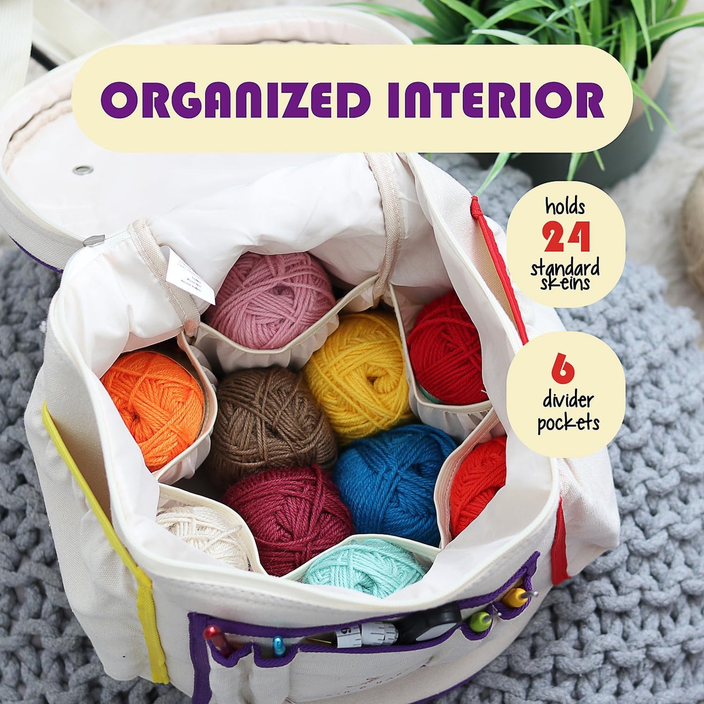 Crochet Bag Organizer – Durable Knitting/Crochet Bag, Yarn Organizer for Accessories and Supplies, Canvas Yarn Bag Organizer with Accessories Case