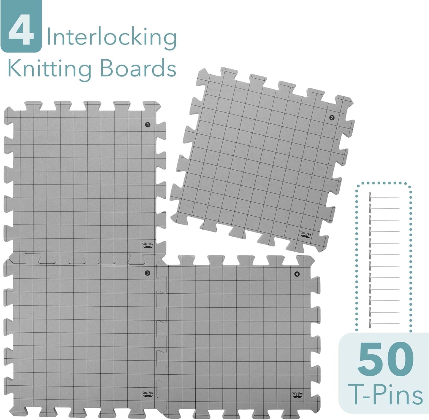 Interlocking Blocking Mats, 12”X12”, 4 Pack, Blocking Mats for Knitting & Crochet Projects with 50 T-Pins