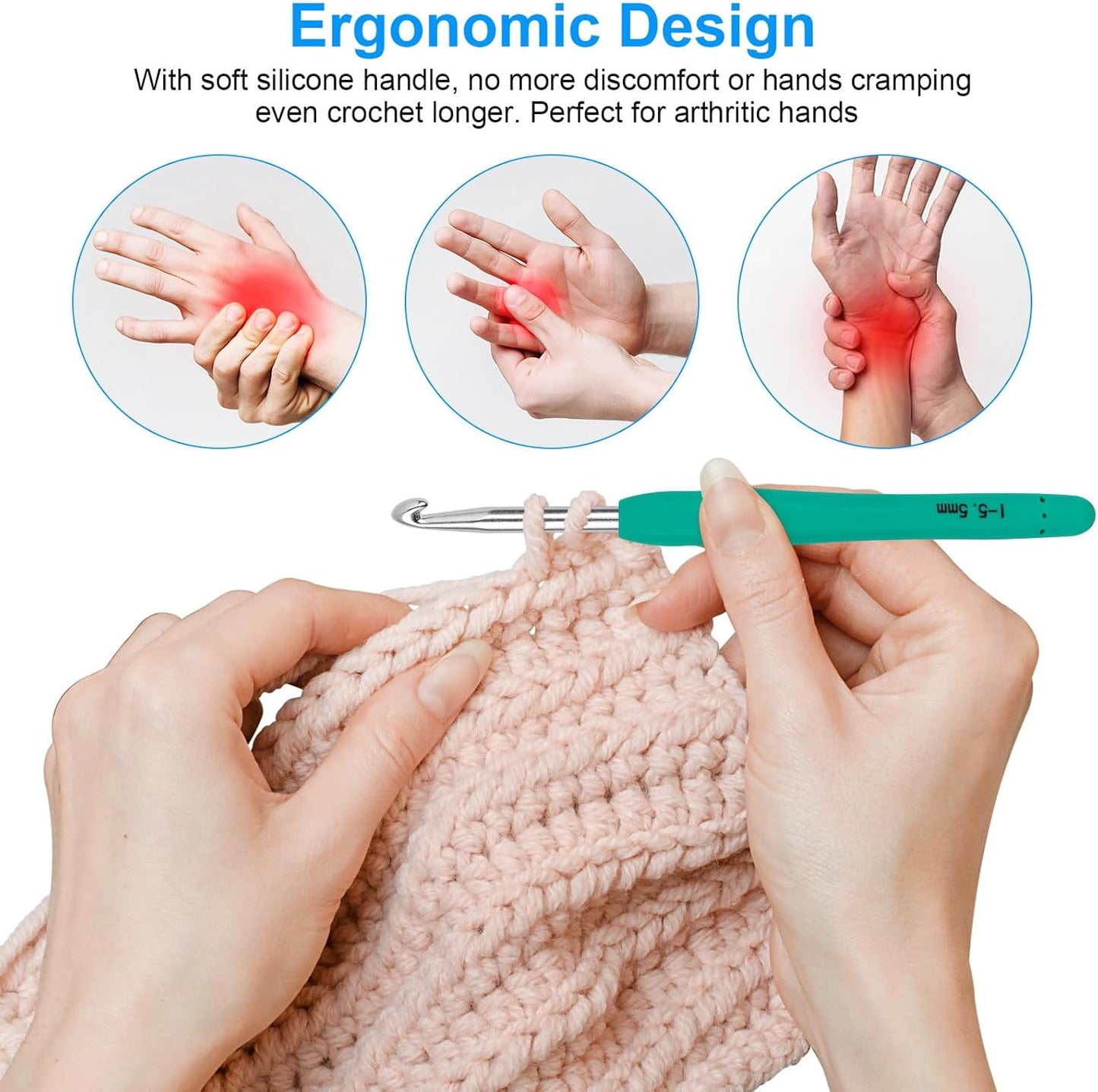 Crochet Hooks 12 Sizes Crochet Hook Set, 51 Pack Yarn Crochet Kit for Beginners, Ergonomic Handles for Arthritic Hands