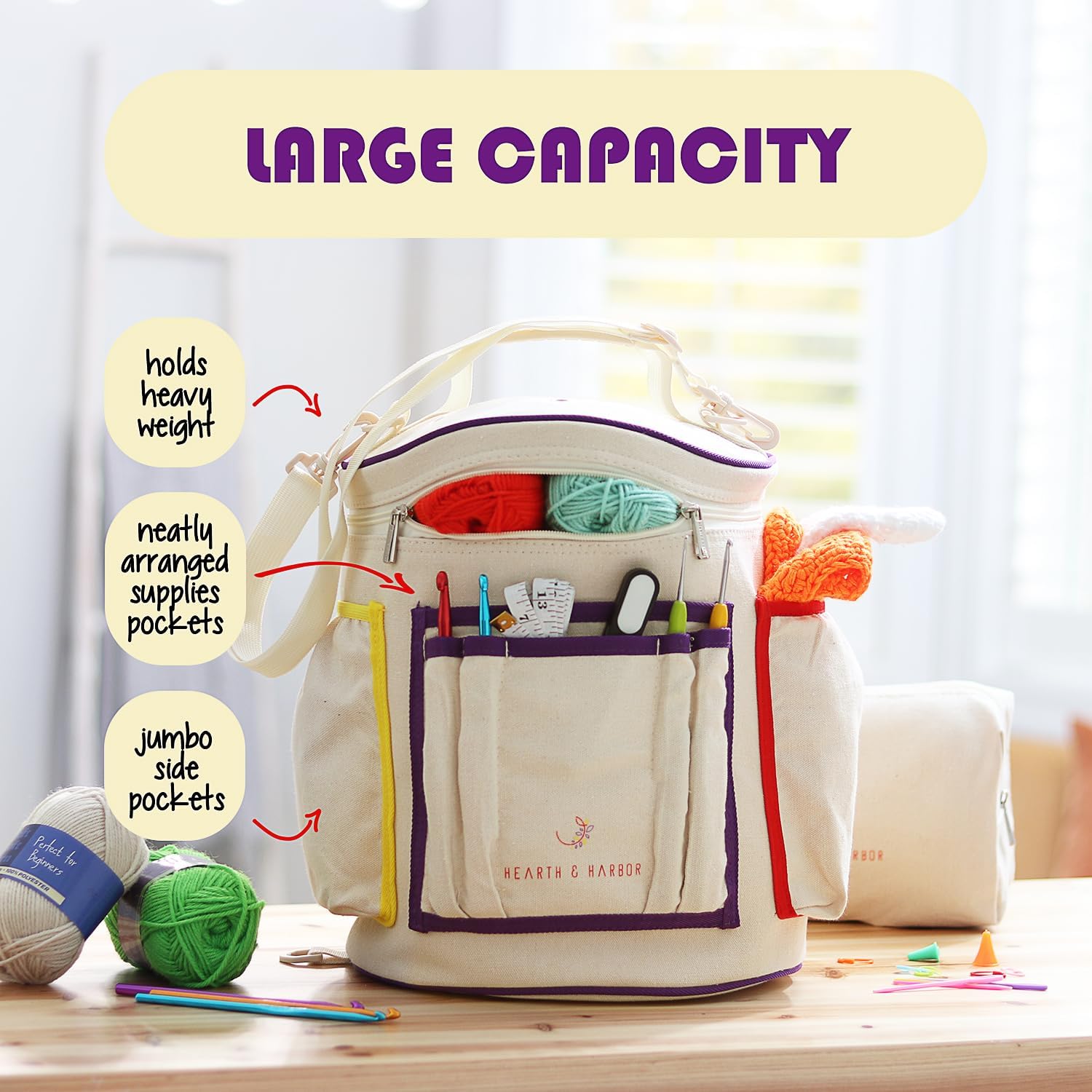 Crochet Bag Organizer – Durable Knitting/Crochet Bag, Yarn Organizer for Accessories and Supplies, Canvas Yarn Bag Organizer with Accessories Case