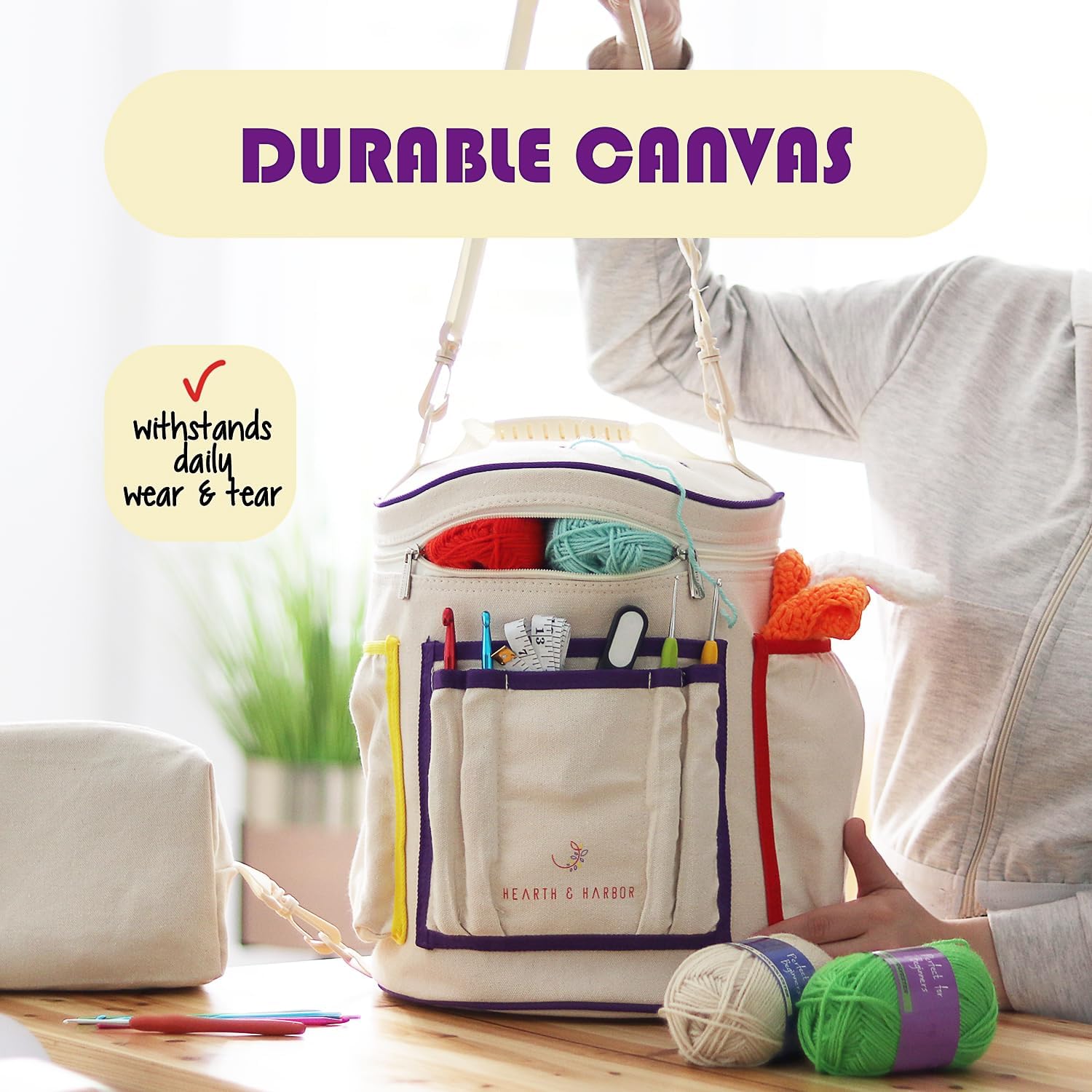 Crochet Bag Organizer – Durable Knitting/Crochet Bag, Yarn Organizer for Accessories and Supplies, Canvas Yarn Bag Organizer with Accessories Case