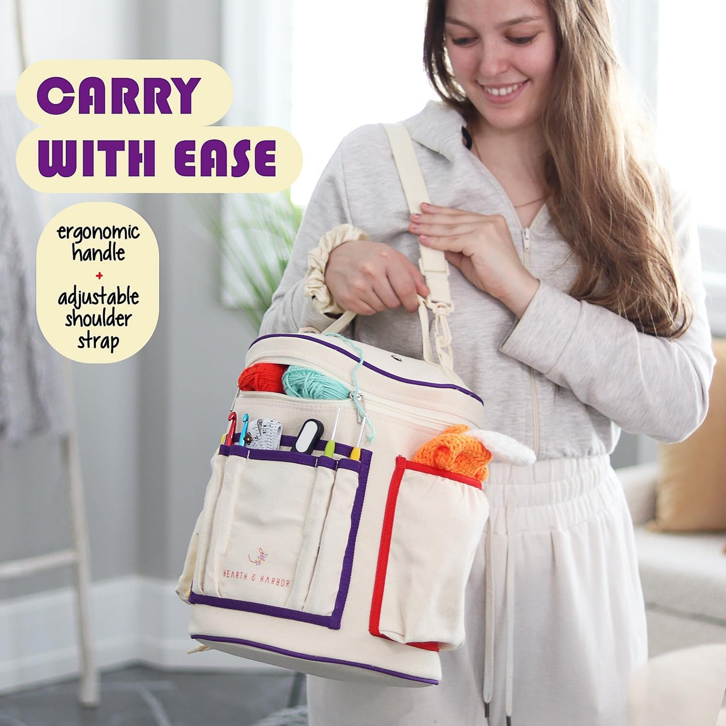 Crochet Bag Organizer – Durable Knitting/Crochet Bag, Yarn Organizer for Accessories and Supplies, Canvas Yarn Bag Organizer with Accessories Case