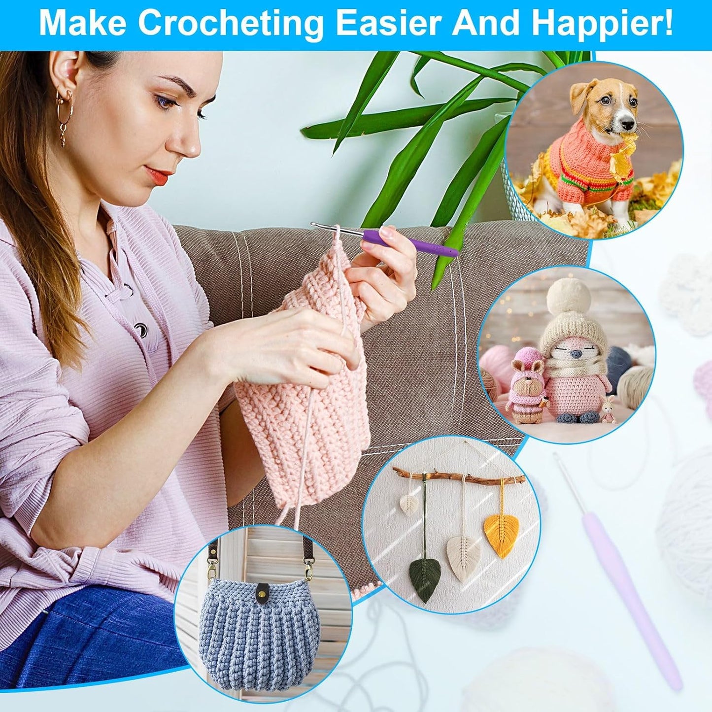 Crochet Hooks 12 Sizes Crochet Hook Set, 51 Pack Yarn Crochet Kit for Beginners, Ergonomic Handles for Arthritic Hands