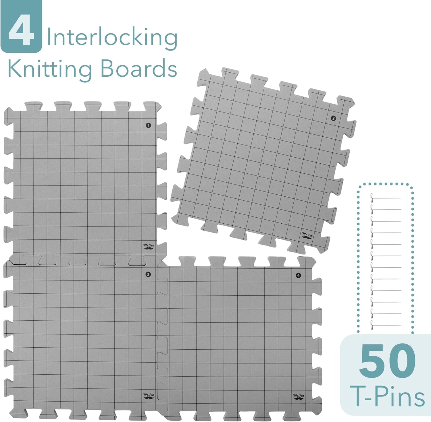 Interlocking Blocking Mats, 12”X12”, 4 Pack, Blocking Mats for Knitting & Crochet Projects with 50 T-Pins